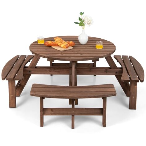 Set tavolo panche esterno legno 8 persone foro ombrellone tavolo rotondo 4 sedie lunghe marrone
