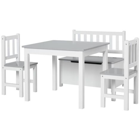SET TAVOLO PER BAMBINI CON 2 SEDIE E CASSAPANCA IN LEGNO PER CAMERETTA. BIANCO E GRIGIO