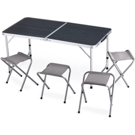 Set Tavolo Pieghevole da Campeggio con 4 Sgabelli, Altezza Regolabile 54-71 cm, Tavolo Richiudibile a Valigia 120x60 cm, Struttura in Alluminio, Portatile per Camping, Picnic e Giardino