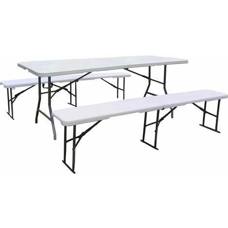 Set tavolo pieghevole da giardino + 2 panche pieghevoli Foldy - Bianco