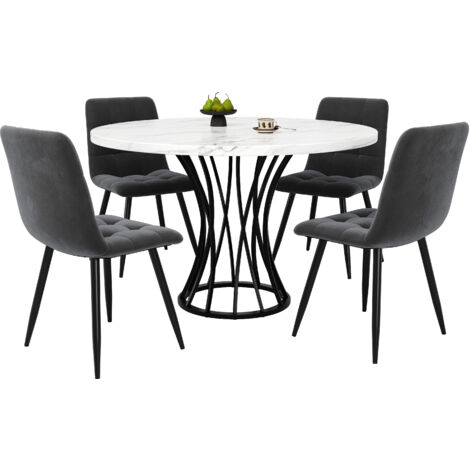 Set Tavolo Rotondo da Pranzo con 4 Sedie in Velluto, 5 Pezzi in MDF Nero, Design Moderno per Soggiorno, Ufficio e Camera da Letto
