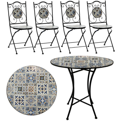 Set tavolo rotondo in ferro battuto con 4 sedie mosaico in ceramica da giardino o terrazzo Arredo esterno interno