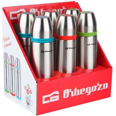 SET TERMOS PARA LIQUIDOS ORBEGOZO TRL5500 (6 UNID. 3 COLORES) INOX. 500ml. TAPON CON PULSADOR DOSIFICADOR