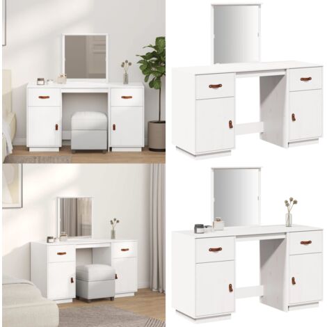 Set Toeletta con Specchio Bianco in Legno Massello di Pino - Tavolo da trucco - Specchio in legno