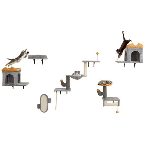 Set torre per gatti da parete con piattaforme e 2 comode cuccie, Set albero per gatti salvaspazio Grigio