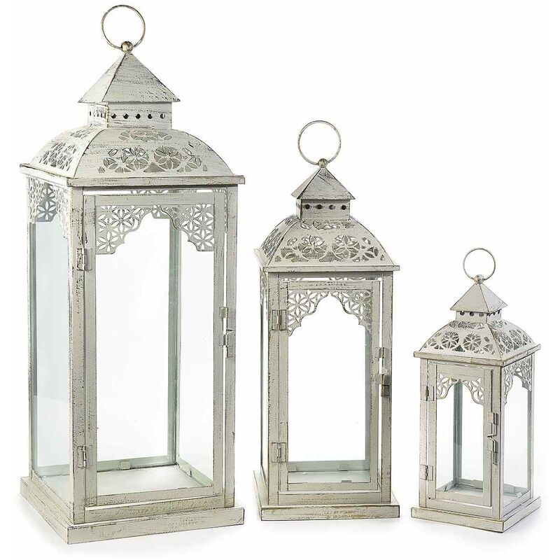 Image of Lanterne portacandela per casa e giardino Shabby Chic con lavorazione anticata set da 3