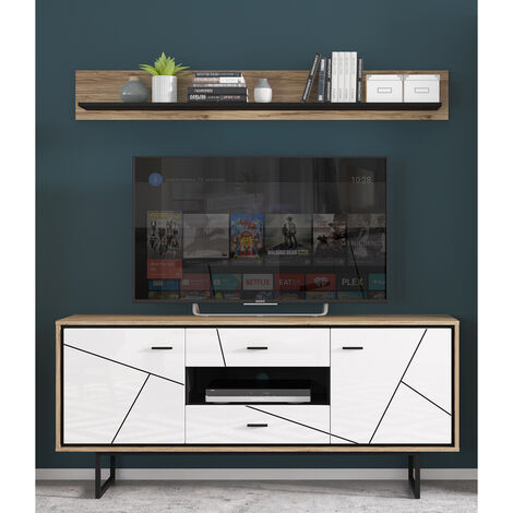 Set TV Lowboard und Wandboard BRISTOL-129 in Catania Eiche Nb. mit schwarz und weiß Hochglanz, B/H/T: ca. 167/200/40 cm