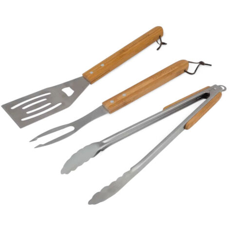 Set utensili barbecue 3 pezzi bamboo manici legno spatola pinza forchettone con laccio per appenderli
