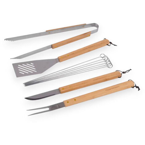 Set utensili barbecue con coltello pinza forchettone spiedini e spatola in acciaio inox con borsa trasporto tessuto