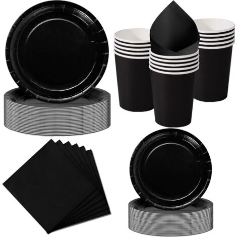 Set Vaisselle Jetable Noir - 50 Pièces - Carton Rigide - 10 Invités - Anniversaire Mariage Soirée