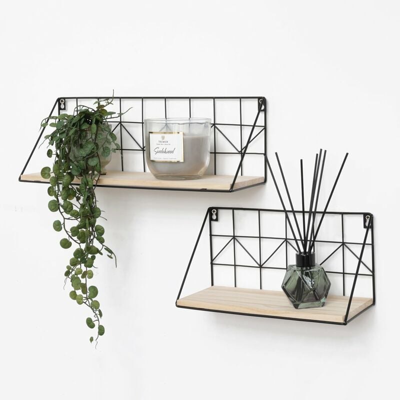 Vivol - Set de 2 étagères murales en métal noir avec tablette en bois - 30 et 45 cm