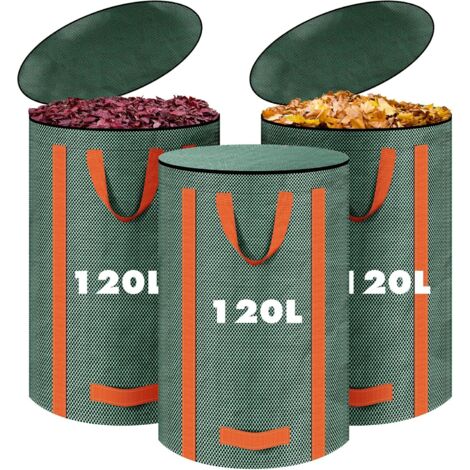 Set van 3 stevige, zelfdragende, herbruikbare tuinafvalzakken van 120 liter met deksels en handvatten, voor het verzamelen van groene bladeren, grasmaaisel en grasresten.