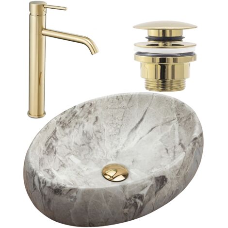 SET VASQUE À POSER LINDA STONE + ROBINET DE LAVABO LUNGO GOLD + BONDE GOLD