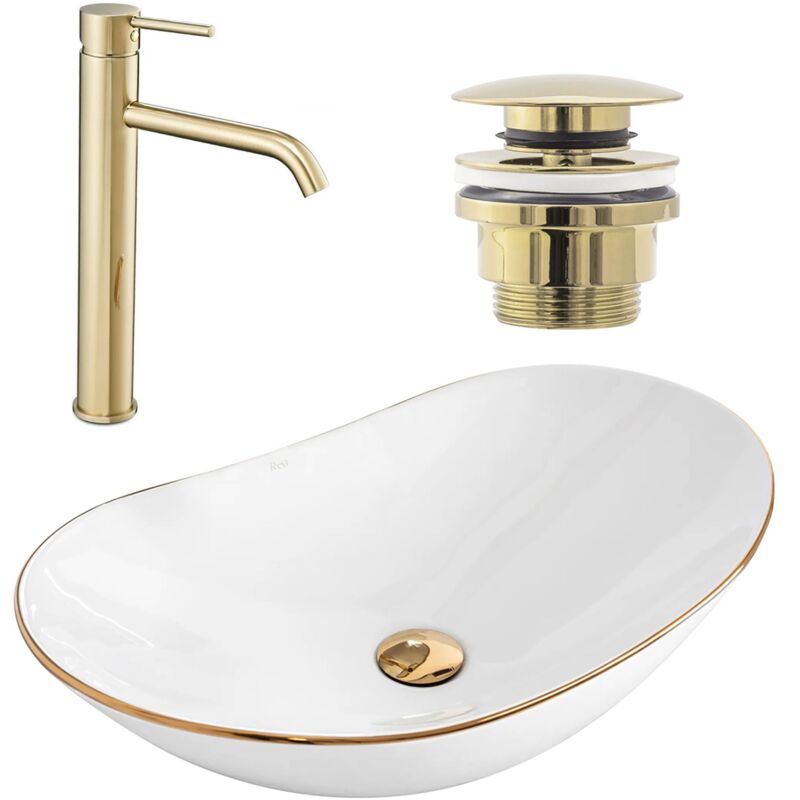 REA - set vasque à poser royal gold edge + robinet de lavabo lungo gold + bonde gold