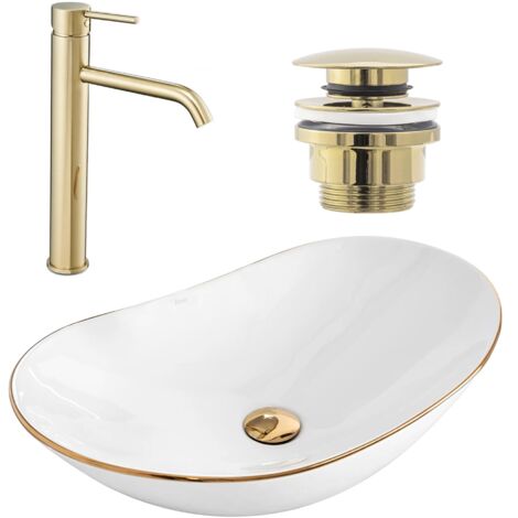 SET VASQUE À POSER ROYAL GOLD EDGE + ROBINET DE LAVABO LUNGO GOLD + BONDE GOLD