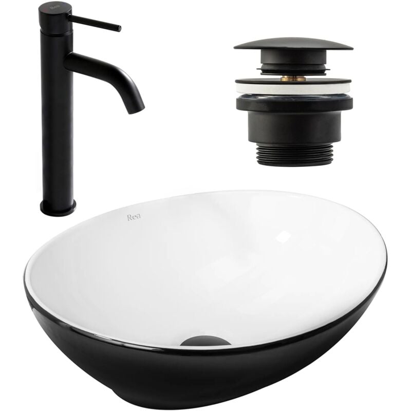 REA - set vasque à poser sofia black white + robinet lavabo lungo black mat + bonde black mat