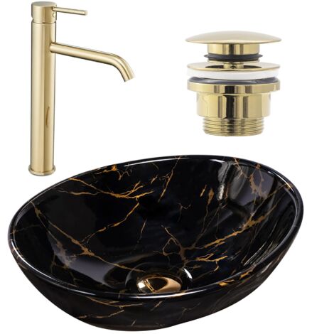 SET VASQUE À POSER SOFIA MARBLE BLACK + ROBINET DE LAVABO LUNGO GOLD + BONDE GOLD