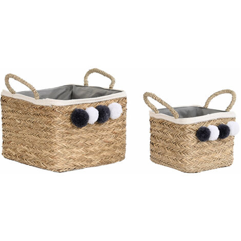 Set von 2 Baumwollfaserkörben 33x333x25 natürliches Pompom Baumwollfaser mehrfarbige Farbmaterialfamilienkörbe und Boxdetails