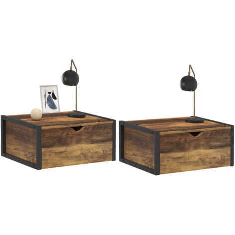 IDMARKET Set aus 2 Wand-Nachttischen DETROIT 1 Schublade Hängeregal aus Holz und Metall schwarz Industriedesign