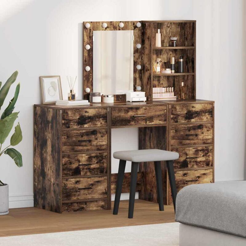 3-tlg. Schminktisch-set Mit Led-leuchten Räuchereiche Vidaxl 535268