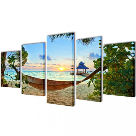 Set von bedruckten Wandtafeln Strand mit Hängematte 200 x 100 cm