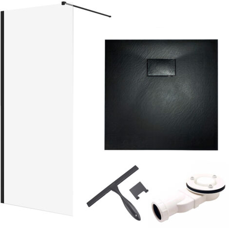 Set - Walk-In Dusche KETIL 80x198 Schwarz + 8 mm Glas + Duschwanne VIDAR 80x80 Schwarz SMC Quadratisch, mit Glaswischer