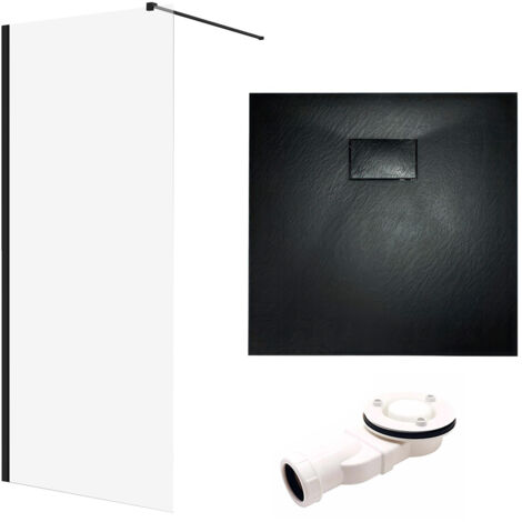 Set - Walk-In Dusche KETIL 80x198 Schwarz + Duschabtrennung 8 mm Glas + Duschwanne VIDAR 80x80 Schwarz SMC Quadratisch