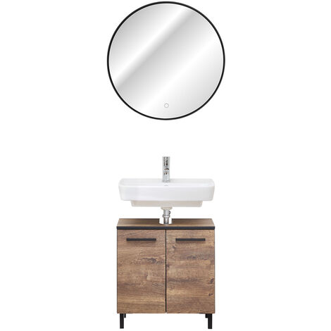 Set Waschbeckenunterschrank und runder LED Spiegel MURCIA-66 in Eiche Ribbeck quer Nb. mit schwarzen Kanten, B/H/T: ca. 60/200/33 cm