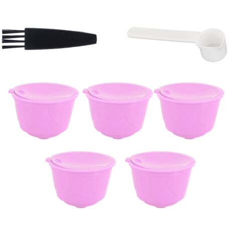 Set wiederverwendbarer Kapseln für die DOLCE GUSTO Kaffeemaschine, 5 waschbare Kapseln mit Löffel und Bürste (Lila)