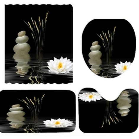 Set Zen-Duschvorhänge, 4-teilig, schwarz-weißes Lotusmuster, wasserdicht, 180x180 cm.