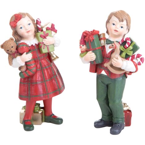 Set.2 statuette bimbi con pacchi regali in resina per decorazioni natalizie