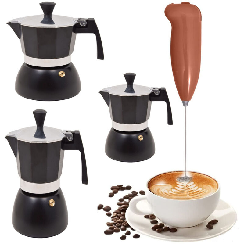 Image of Cosedacasa - Set3 Macchinetta per il caffè moka da 1-2-3 tazze caffettiera nera mixer schiuma frullino montalatte cappuccino coffee Break colazione