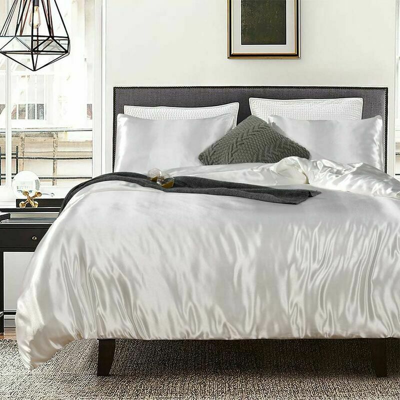 Parure Housse de Couette 220 x 240 cm + 2 Taies d'Oreiller 65 x 65 cm Satin de Soie Blanc Parure de Lit 2 Personnes