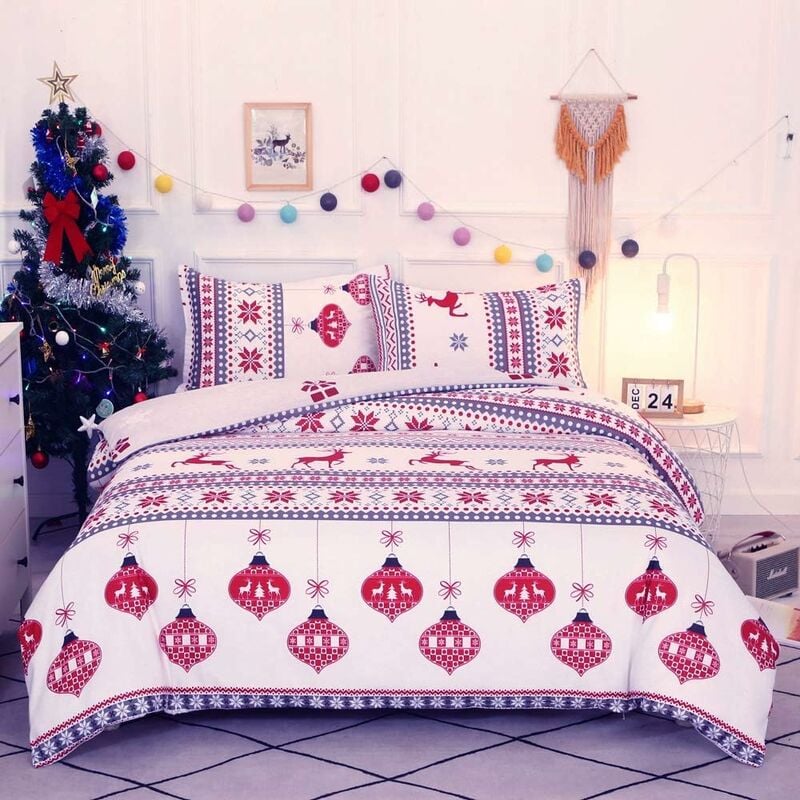 Sets de Housse de Couette Motif Patchwork de Noël 220x240 cm avec 2 x Taies d'oreiller 50x75 cm, Parure de Lit Microfibre