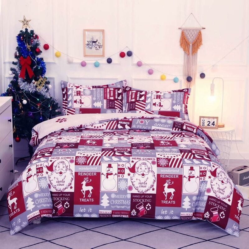 Sets de Housse de Couette Motif Patchwork de Noël 220x240 cm avec 2 x Taies d'oreiller 50x75 cm, Parure de Lit Microfibre