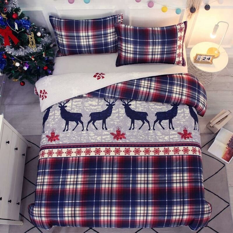 Sets de Housse de Couette Motif Patchwork de Noël 220x240 cm avec 2 x Taies d'oreiller 50x75 cm, Parure de Lit Microfibre
