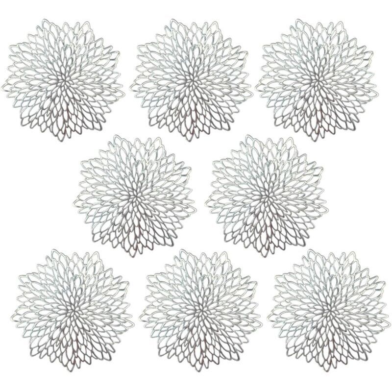Sets de table en PVC, lot de 8, lavables, décoratifs, résistants à la chaleur, isolants et ajourés, couleur argent.