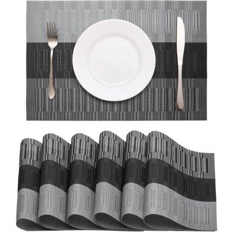 Sets de Table Lavable Lot de 6 Sets de Table PVC Sets de Table Plastique Set de Table Moderne Résistant à la Chaleur Antidérapant pour Cuisine Table à Manger, 45x30cm (Noir-Gris)