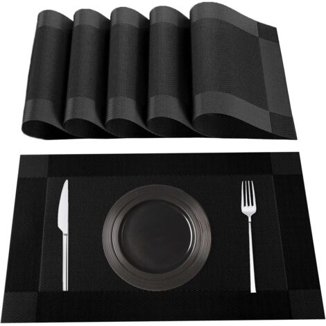 Sets de table lavables, lot de 6, 70 % PVC et 30 % polyester, antidérapants, résistants à la chaleur, adaptés aux tables à manger, noirs.