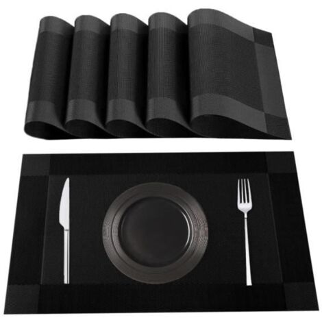 Sets de Table Lavables, Lot de 6 Set de Table en 70% PVC et 30% Polyester, Antidérapant, Résistant à la Chaleur,Noir