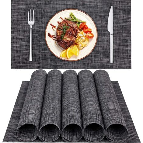 Sets de table (lot de 6), sets de table antidérapants, matériau PVC, résistants aux rayures, résistants à la chaleur, lavables, adaptés aux restaurants et aux cuisines (30 x 45 cm, gris foncé).
