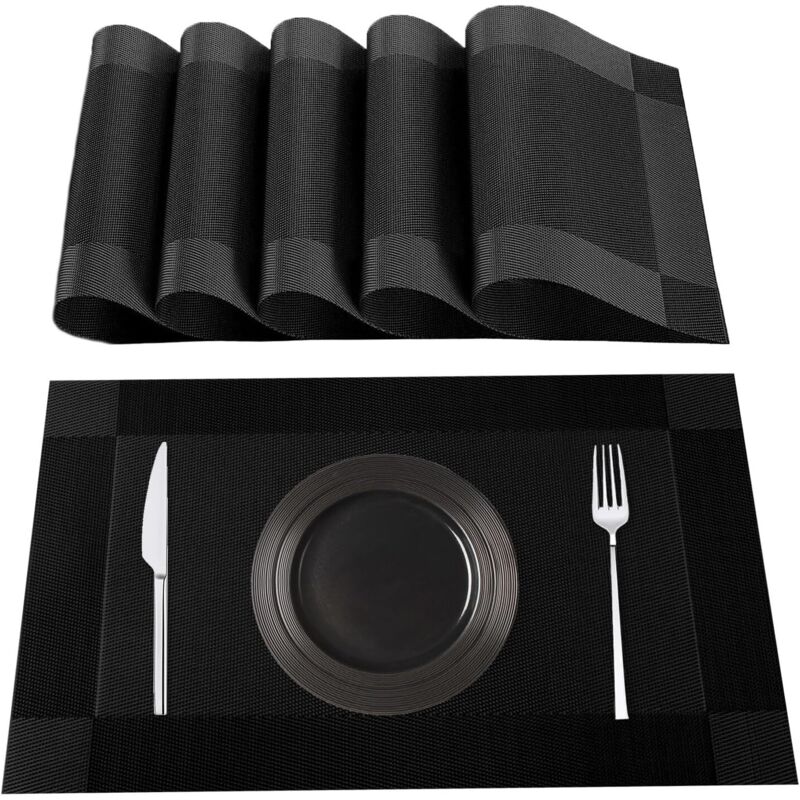 Sets de table noirs lavables, lot de 6, 70 % PVC et 30 % polyester, antidérapants, résistants à la chaleur, adaptés aux tables de cuisine