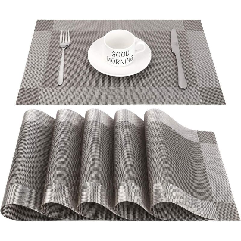 Sets de table rectangulaires en PVC, gris argenté, antidérapants, lavables et résistants à la chaleur, pour salle à manger, cuisine ou salle à