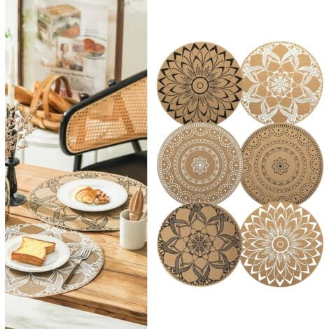 Sets de Table Ronds à Imprimé Bohème en PVC Tressés Lot de 6 Sets de Table Lavable Résiste à la Chaleur Antidérapant Tapis de Table pour Cuisine Restaurant Table à Manger