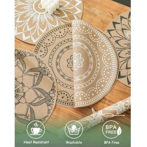Sets de table ronds de style bohème, imprimés, en PVC tissé, lot de 6, lavables, résistants à la chaleur, antidérapants, adaptés aux cuisines et salles à manger.