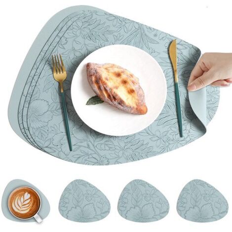 Sets de table - Sets de table en similicuir - Sets de table antidérapants en similicuir - Doublure imperméable - Dessous de verre - Résistants aux taches et à la chaleur - 35 x 39 cm - Bleu clair - Lo