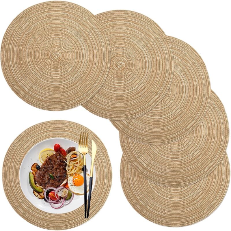 Sets de Table,Set de Table Rond Tressé Lot de 6 Lavable Résistantes à la Chaleur Antidérapant, 36cm, Couleur café