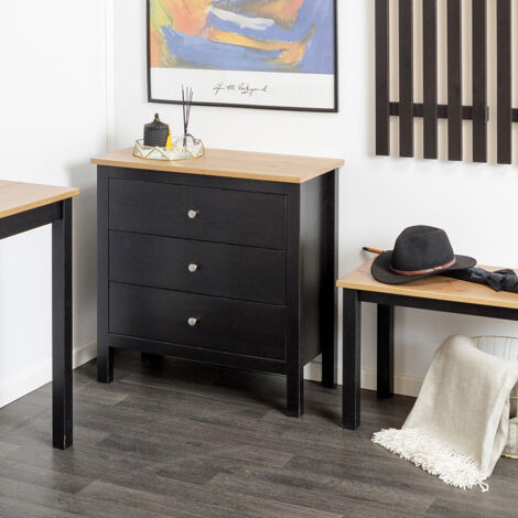 Settimino in legno Massello 3 Cassetti verniciato Nero con ripiano Naturale - Dimensioni 75 x 37 x 75 h. cm