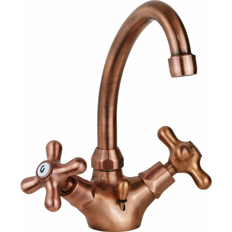 Robinet d'évier à deux leviers avec bec pivotant couleur cuivre Paffoni Iris IRV077RM Cuivre - Iris - Vidage automatique 1'1/4