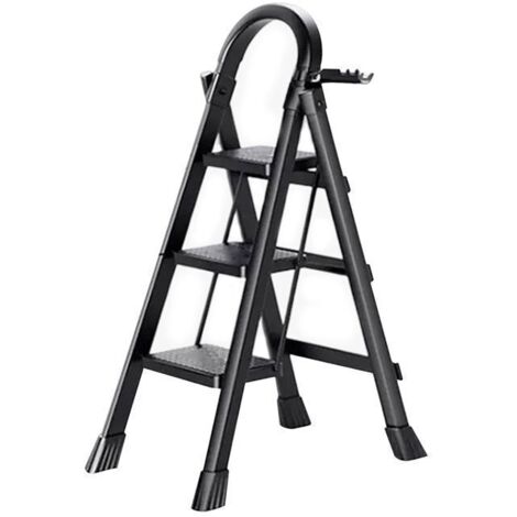 Seven Comfort-Escabeau 3 marches-Pliant avec Pédale Antidérapante-Chargé 150KG-Acier-Noir